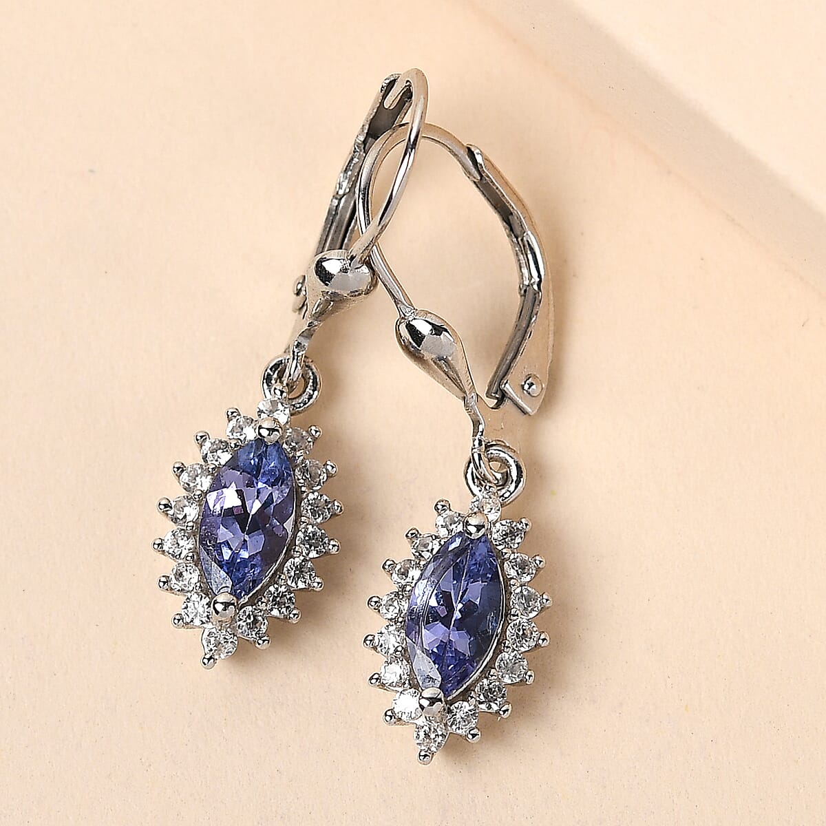 Tanzanite and Natural White Zircon Lever Back Earrings in Platinum Over Sterling Silver 1.85 ctw image number 1
