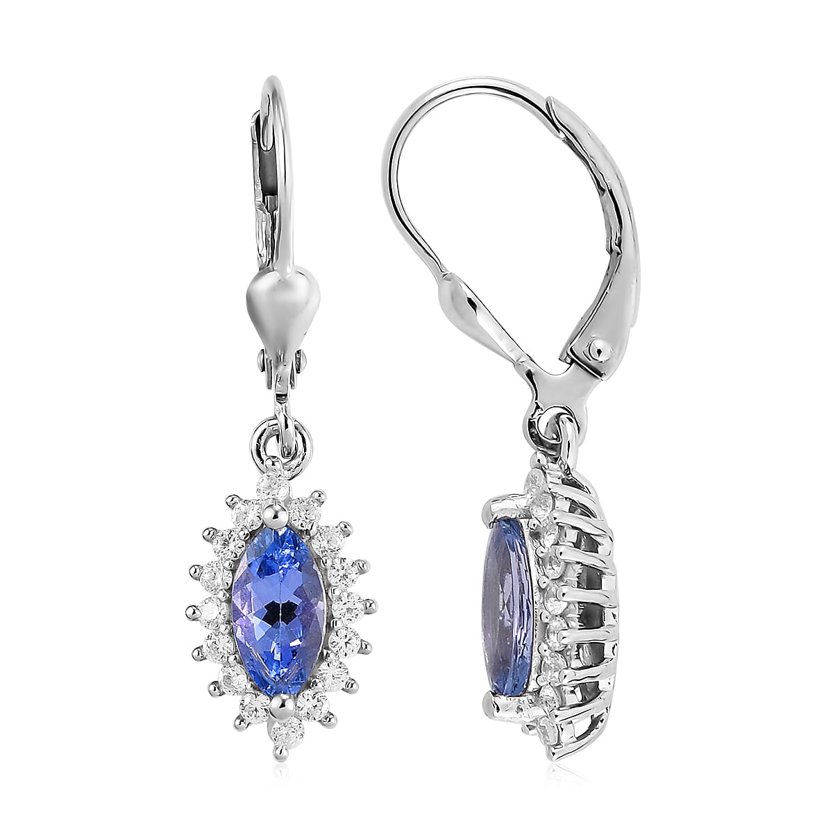 Tanzanite and Natural White Zircon Lever Back Earrings in Platinum Over Sterling Silver 1.85 ctw image number 3