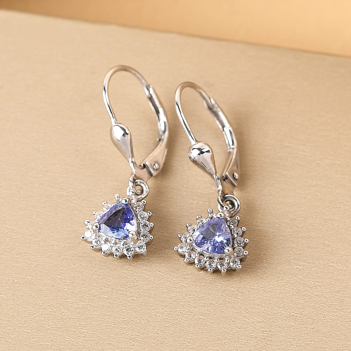 Tanzanite and Natural White Zircon Lever Back Earrings in Platinum Over Sterling Silver 1.15 ctw image number 1