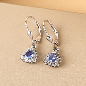 Tanzanite and Natural White Zircon Lever Back Earrings in Platinum Over Sterling Silver 1.15 ctw