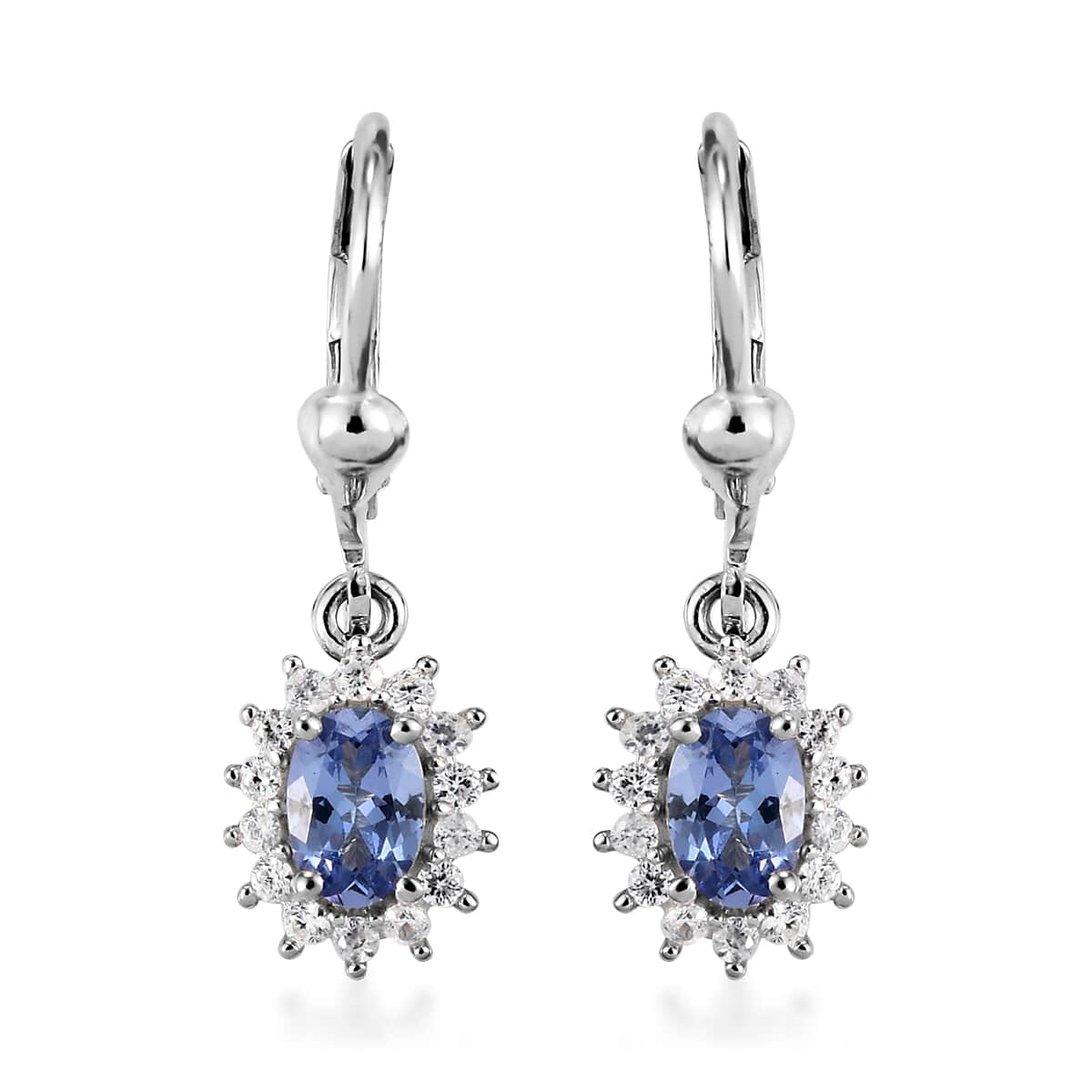 Tanzanite and Natural White Zircon Lever Back Earrings in Platinum Over Sterling Silver 1.40 ctw image number 0