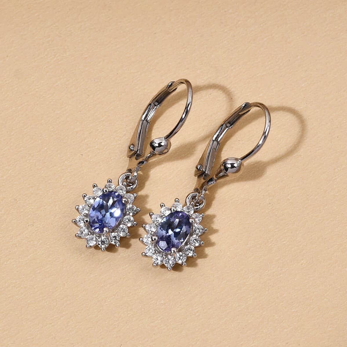 Tanzanite and Natural White Zircon Lever Back Earrings in Platinum Over Sterling Silver 1.40 ctw image number 1