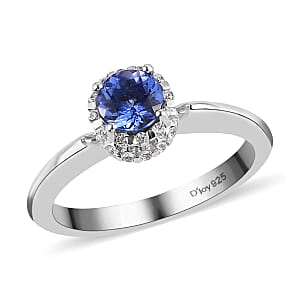 Tanzanite and White Zircon Halo Ring in Platinum Over Sterling Silver (Size 9.0) 1.00 ctw
