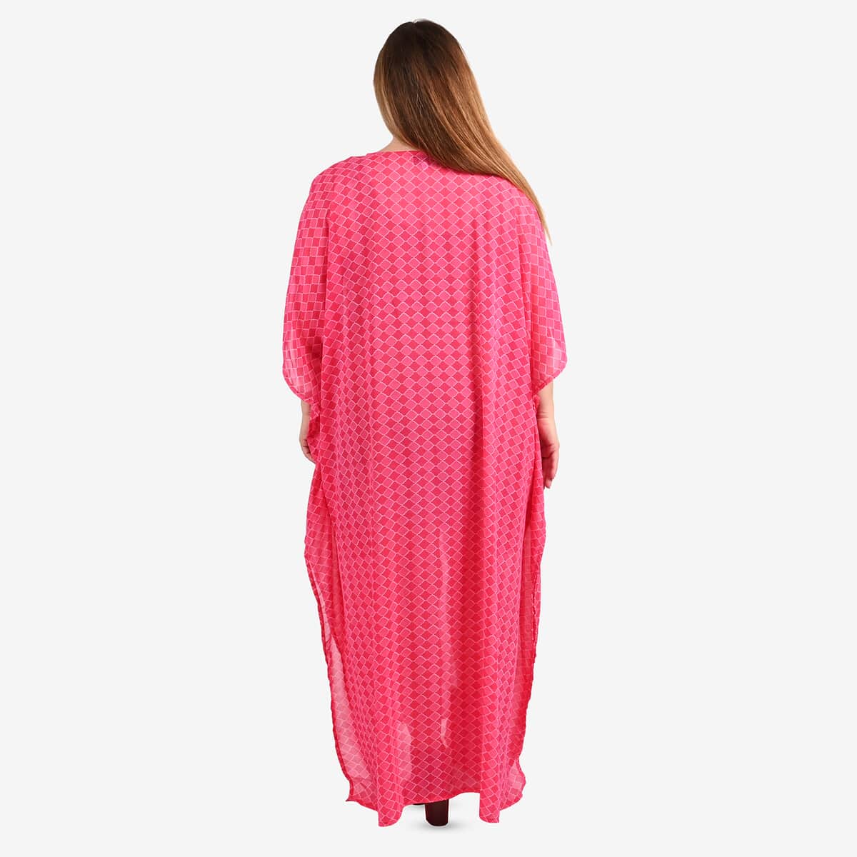 Tamsy Red Georgette V-neck Long Kaftan - One Size Fits Most image number 1