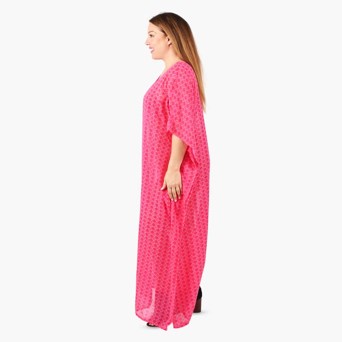 Tamsy Red Georgette V-neck Long Kaftan - One Size Fits Most image number 2