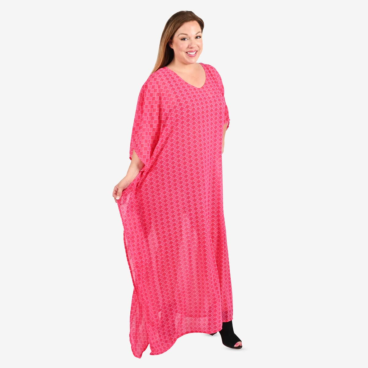 Tamsy Red Georgette V-neck Long Kaftan - One Size Fits Most image number 3