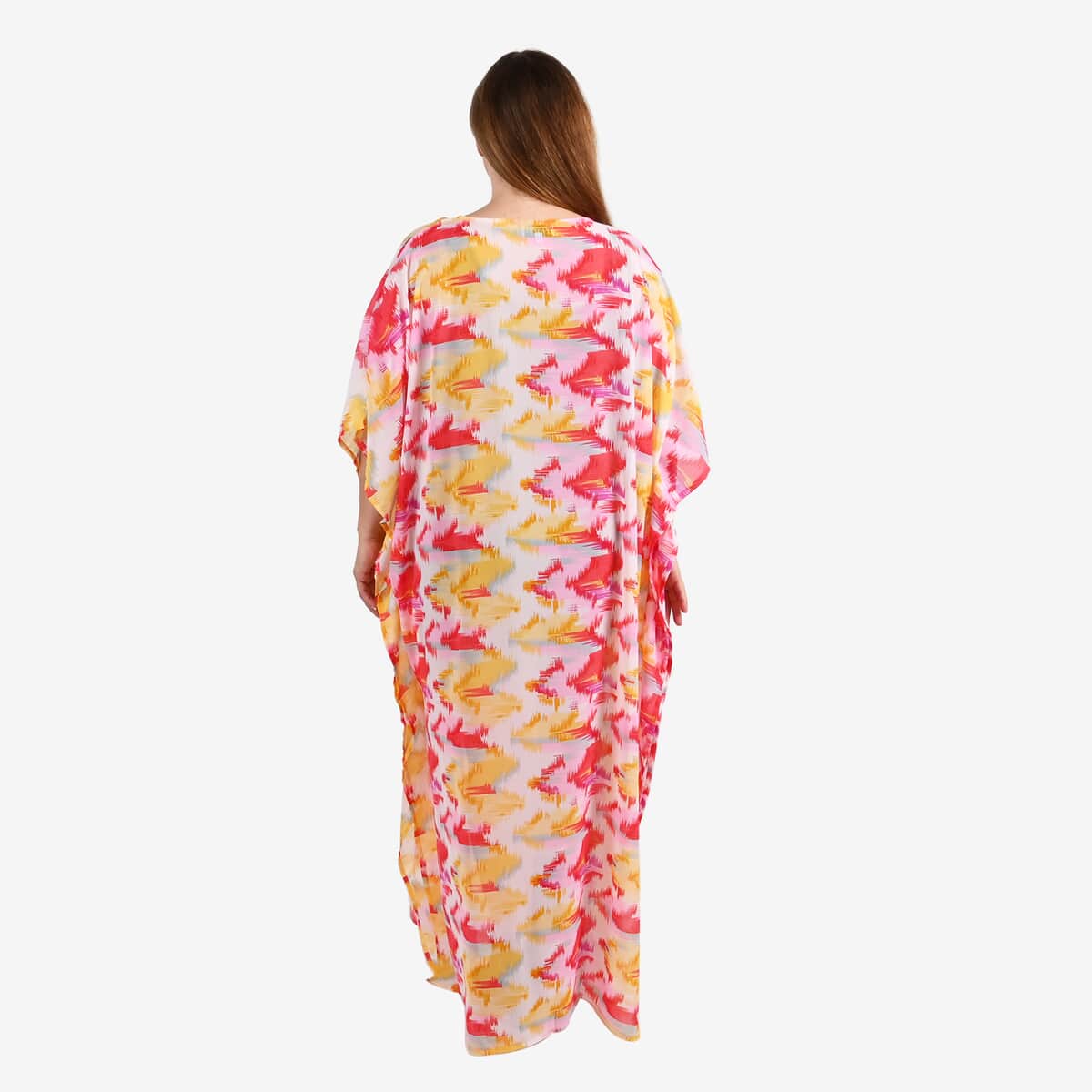 Tamsy Pink Georgette V-neck Long Kaftan - One Size Fits Most image number 1