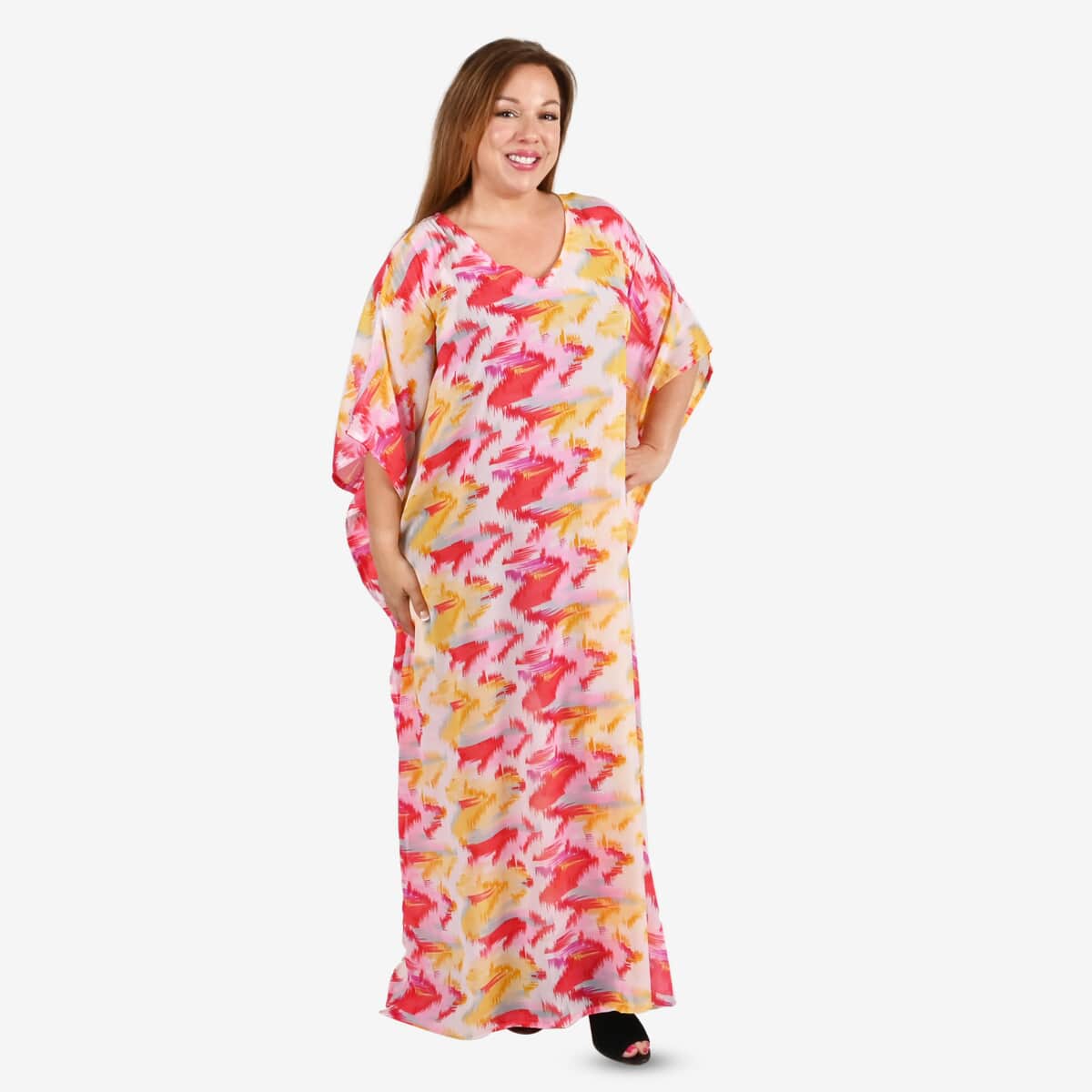 Tamsy Pink Georgette V-neck Long Kaftan - One Size Fits Most image number 2