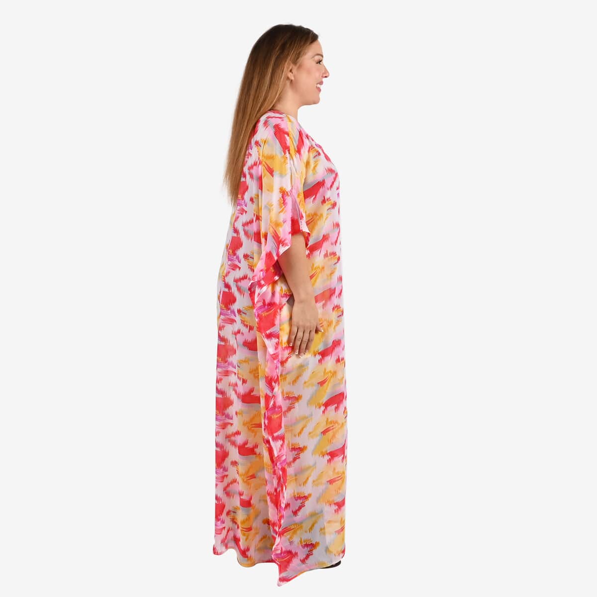 Tamsy Pink Georgette V-neck Long Kaftan - One Size Fits Most image number 3