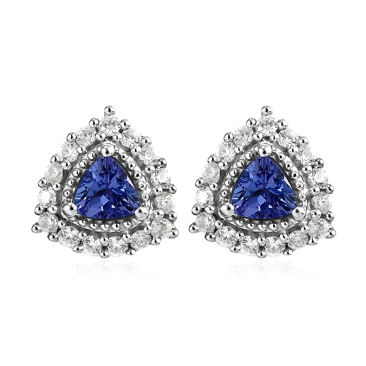 Tanzanite and Natural White Zircon Halo Stud Earrings in Platinum Over Sterling Silver 1.15 ctw