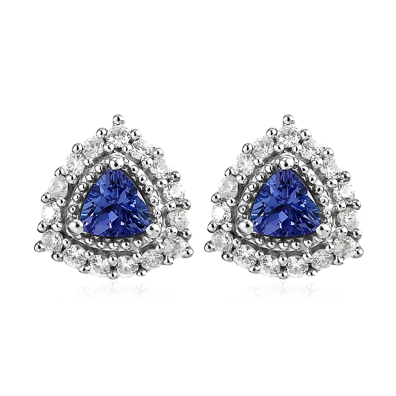 Tanzanite and Natural White Zircon Halo Stud Earrings in Platinum Over Sterling Silver 1.15 ctw