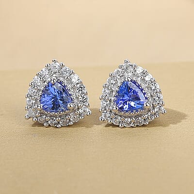 Tanzanite and Natural White Zircon Halo Stud Earrings in Platinum Over Sterling Silver 1.15 ctw