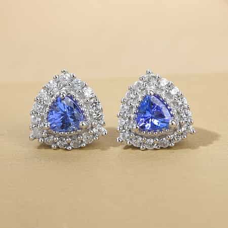 Tanzanite and Natural White Zircon Halo Stud Earrings in Platinum Over Sterling Silver 1.15 ctw image number 1