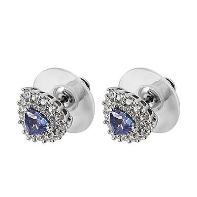 Tanzanite and Natural White Zircon Halo Stud Earrings in Platinum Over Sterling Silver 1.15 ctw