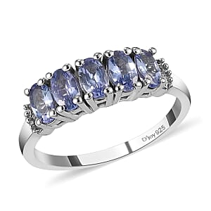 Tanzanite and Diamond 5 Stone Ring in Platinum Over Sterling Silver (Size 7.0) 1.15 ctw