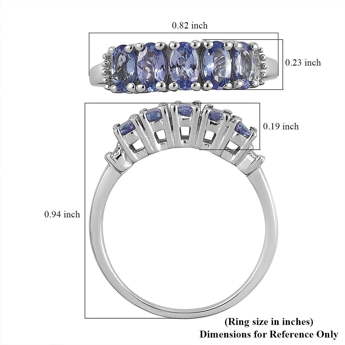 Tanzanite and Diamond 5 Stone Ring in Platinum Over Sterling Silver (Size 7.0) 1.15 ctw image number 5
