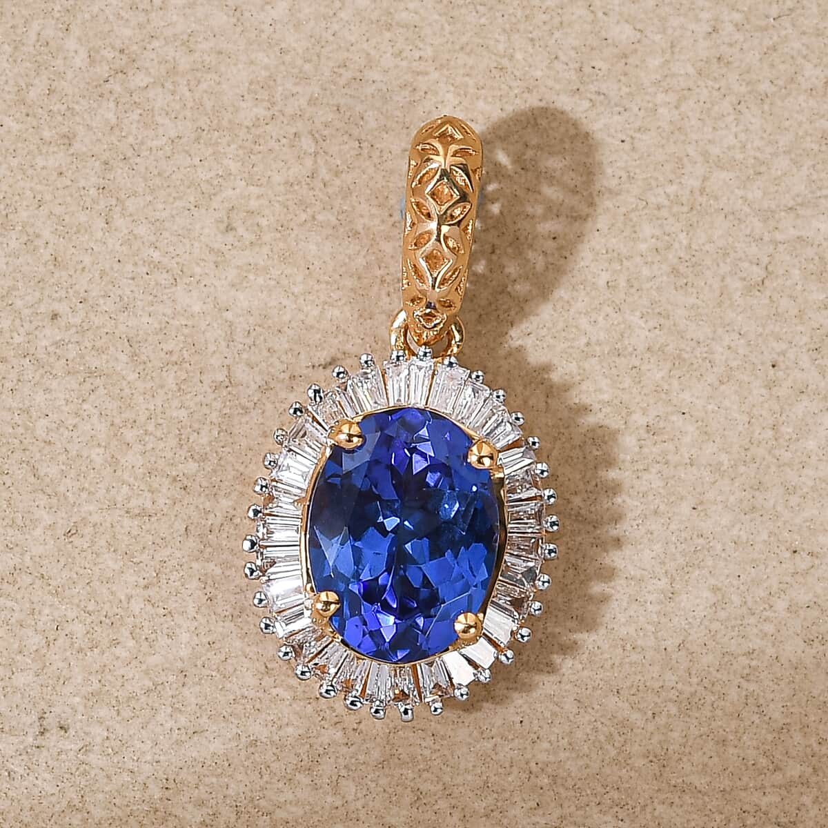 Mirage Collection 22K Yellow Gold AAAA Tanzanite and E-F VS2 Diamond Halo Pendant 1.50 ctw image number 2