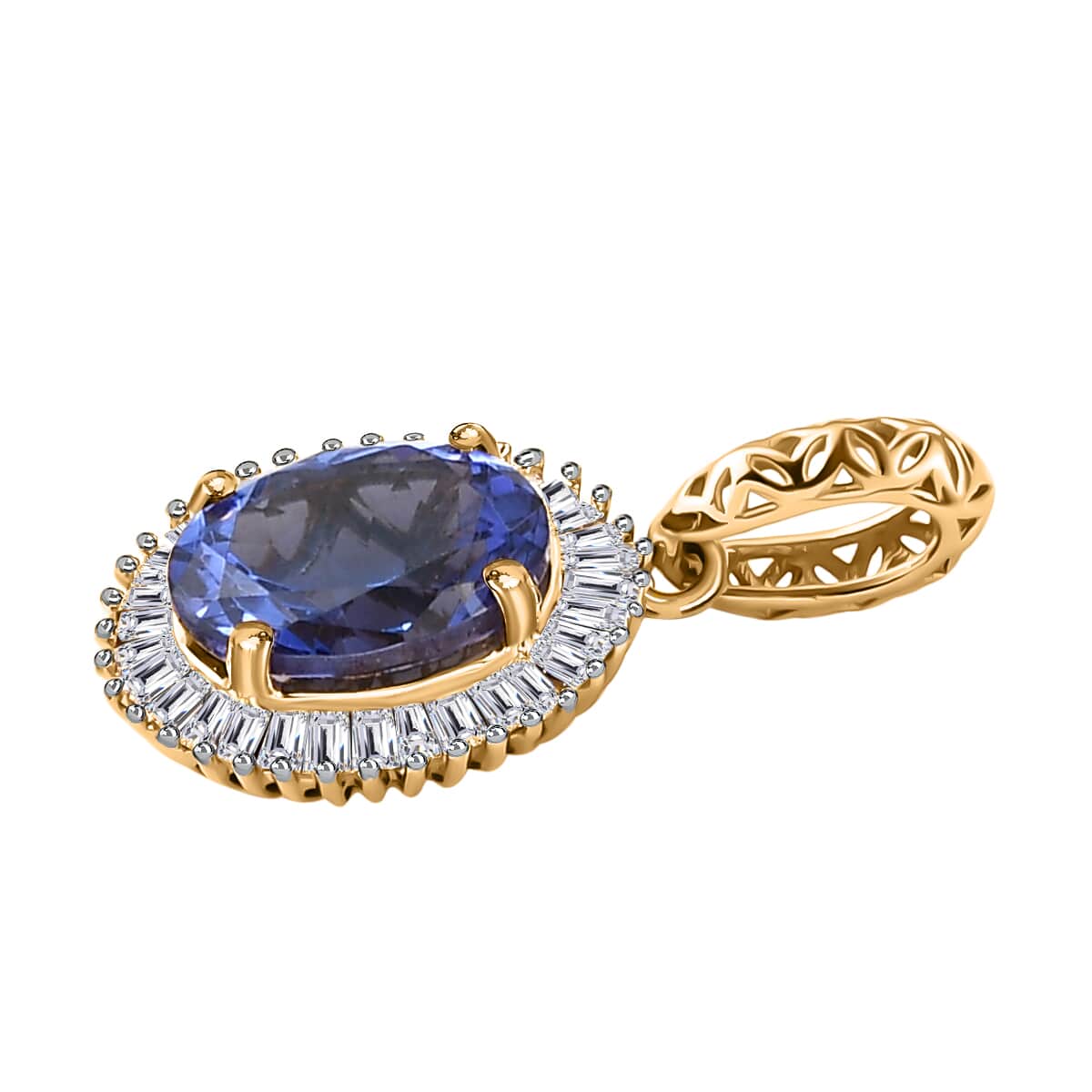 Mirage Collection 22K Yellow Gold AAAA Tanzanite and E-F VS2 Diamond Halo Pendant 1.50 ctw image number 3