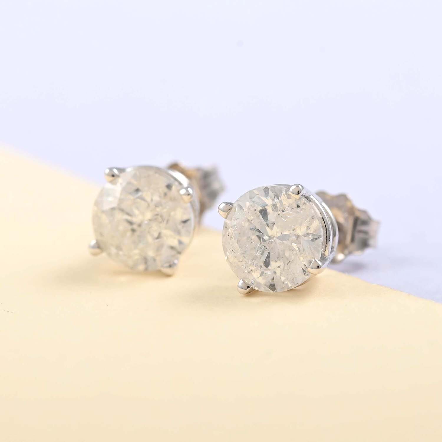 14K White Gold G H I1 Diamond Solitaire Stud Earrings 2.00 CTW Shop LC