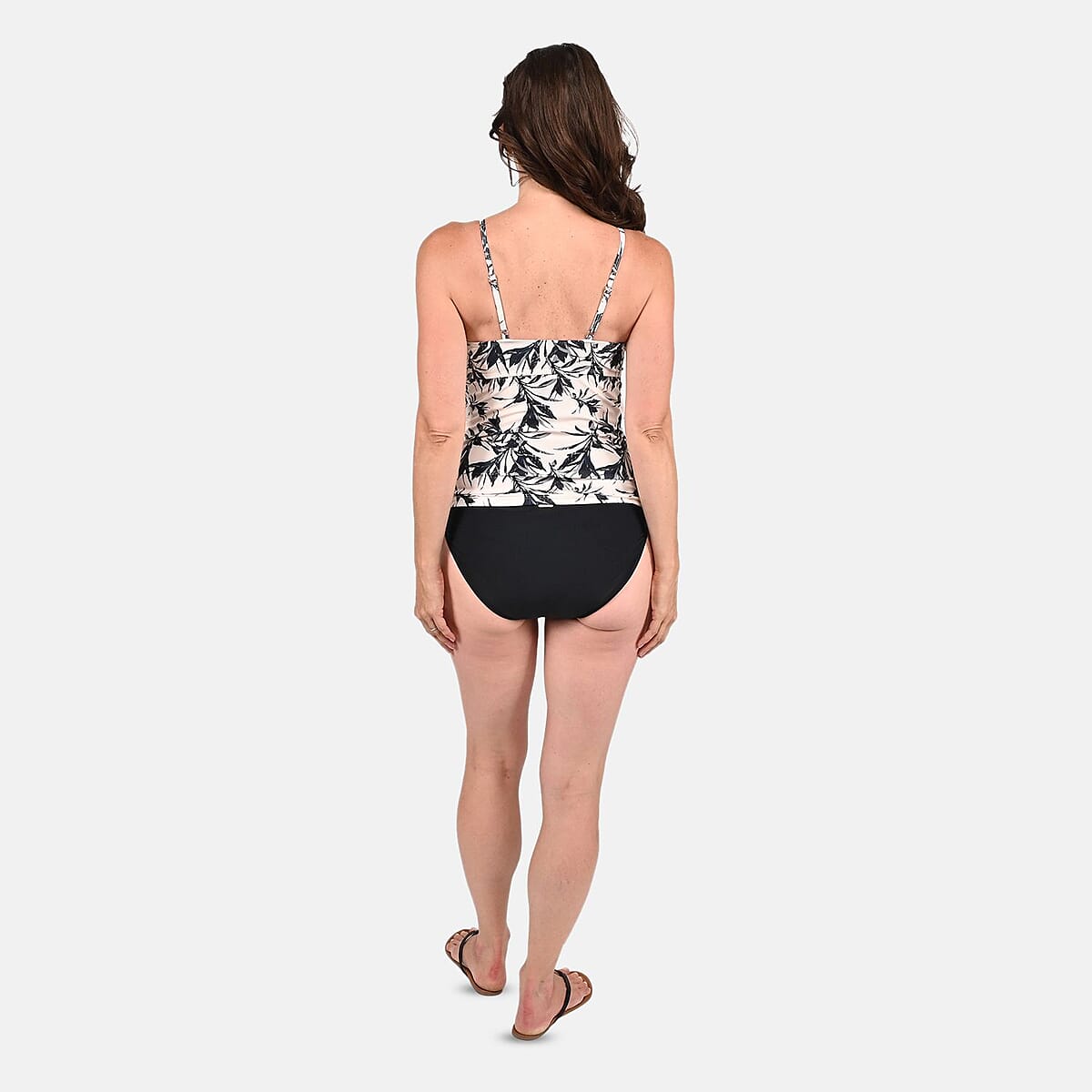Nicole Miller Black and White Tropical Print Triple Tier Tankini - L image number 1