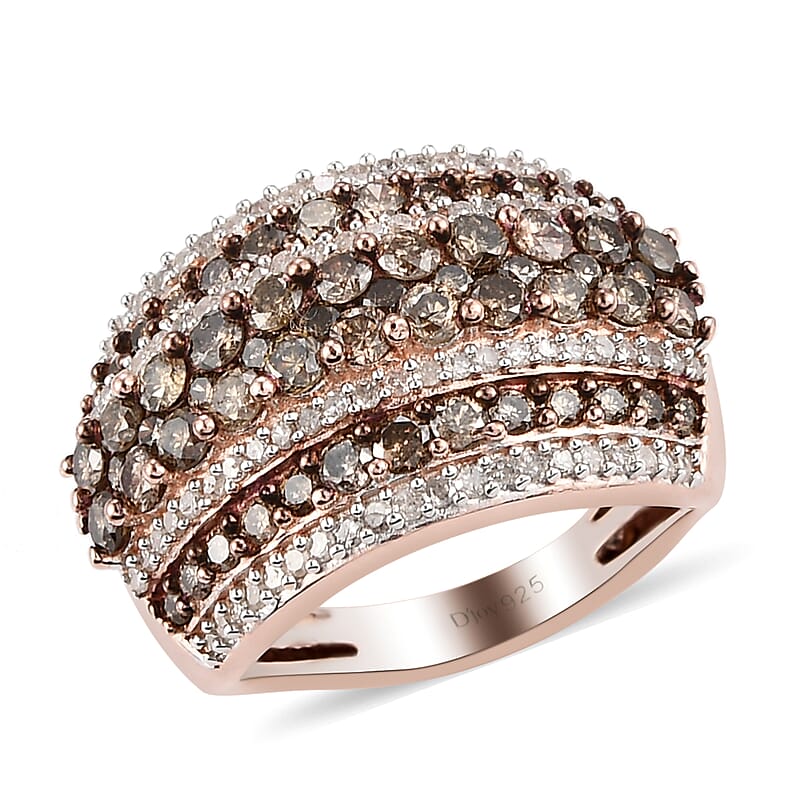 Natural Champagne and White Diamond Cluster Ring in Vermeil Rose Gold Over Sterling Silver (Size 10.0) 2.00 ctw