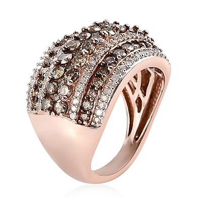 Natural Champagne and White Diamond Cluster Ring in Vermeil Rose Gold Over Sterling Silver (Size 10.0) 2.00 ctw