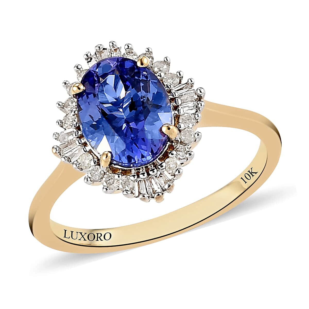 LUXORO 10K Yellow Gold Premium Tanzanite and Diamond Halo Ring 2.75 Grams 2.00 ctw