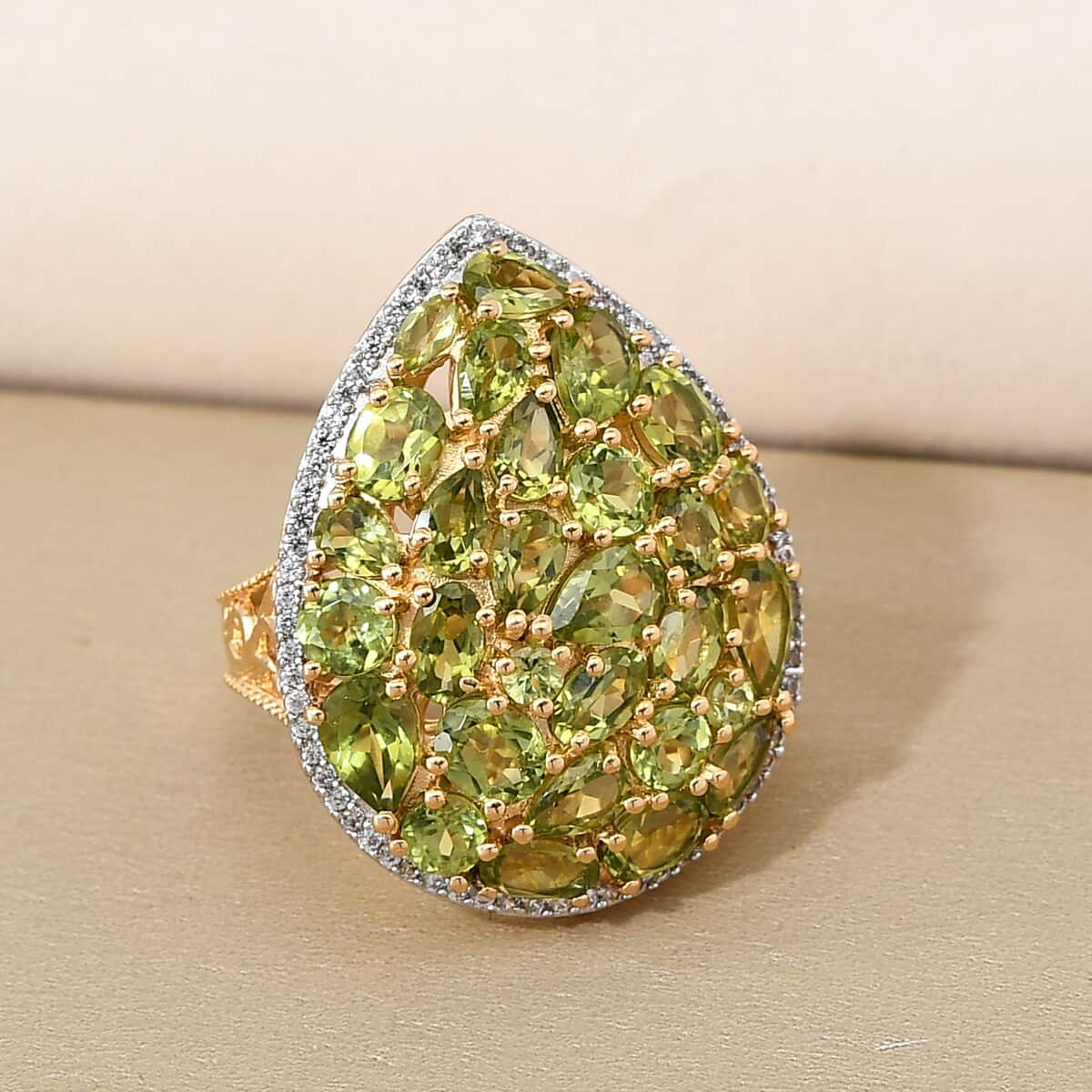 American Natural Arizona Peridot and Natural White Zircon Cluster Ring in Vermeil Yellow Gold Sterling Silver (Size 7.0) 7.20 Grams 8.25 ctw image number 1