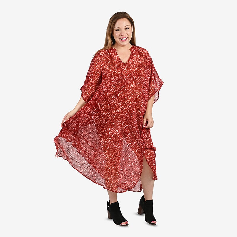 Tamsy Red Floral Printed Kaftan - One Size Fits Most
