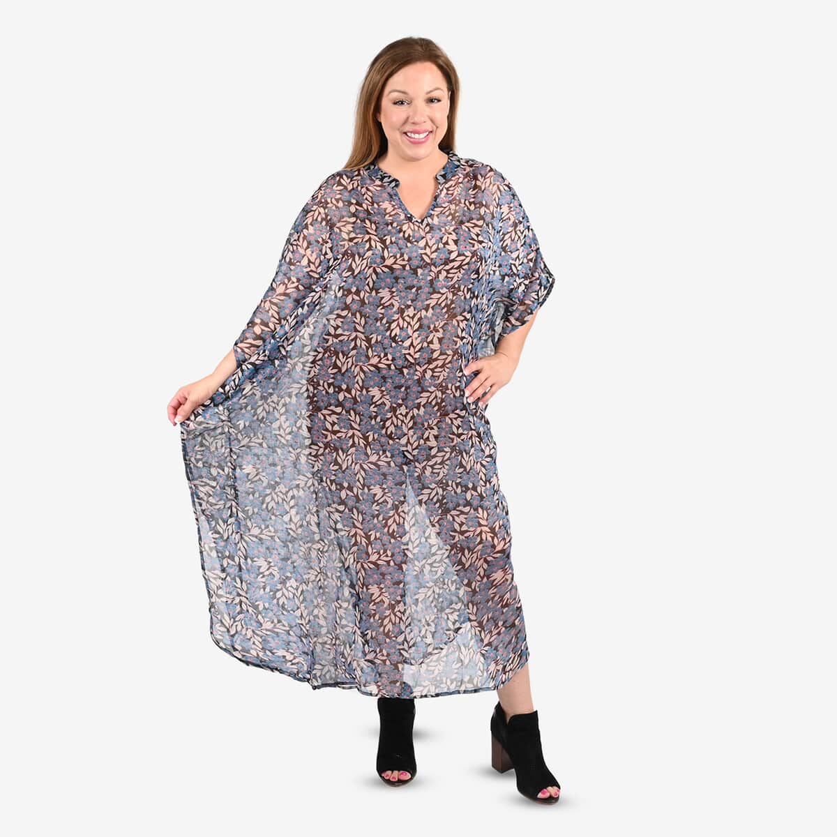 Tamsy Turquoise Floral Printed Kaftan - One Size Fits Most image number 3