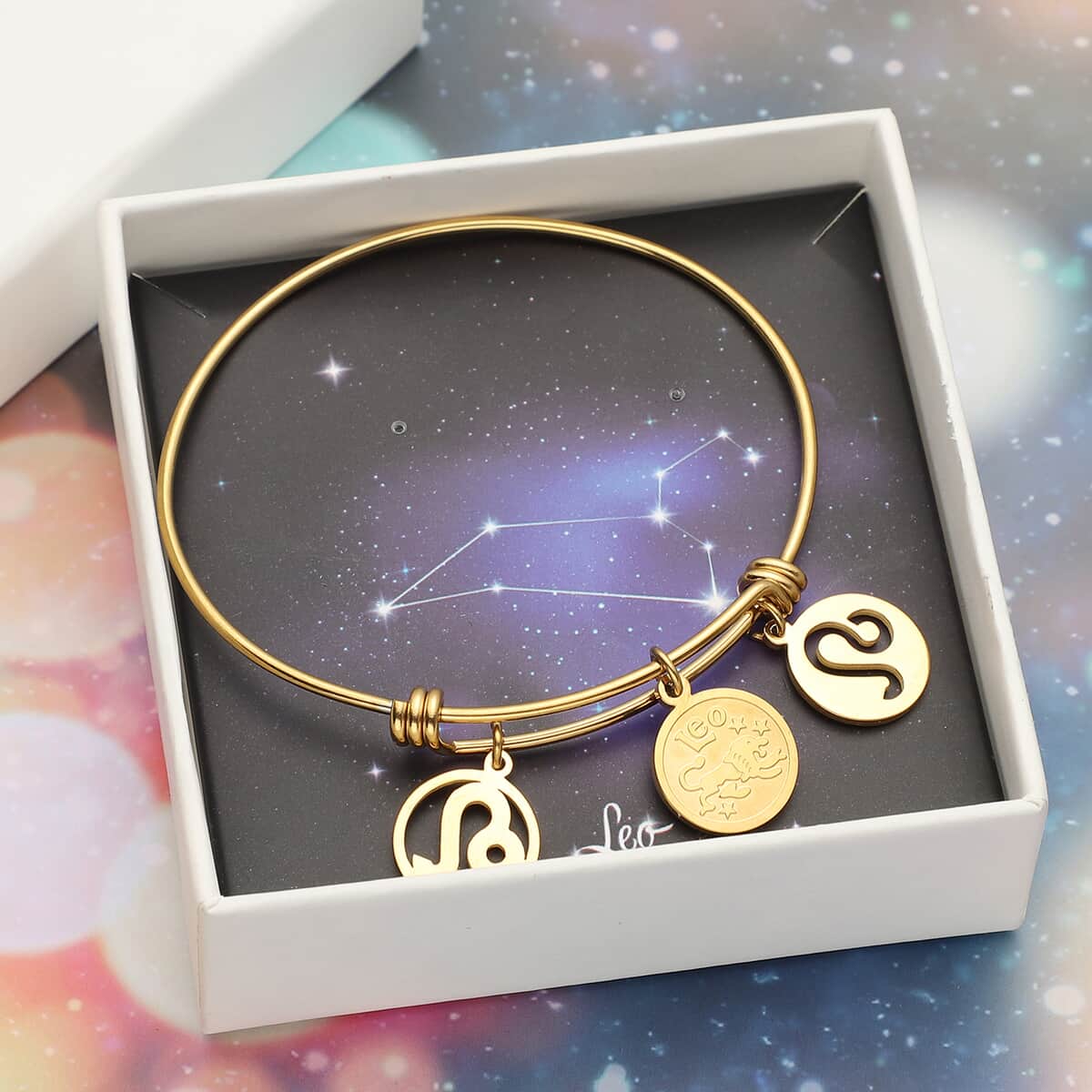Cancer Zodiac Bangle Bracelet Gift Set in ION Plated Yellow Gold Stainless Steel (6-9 in) image number 0