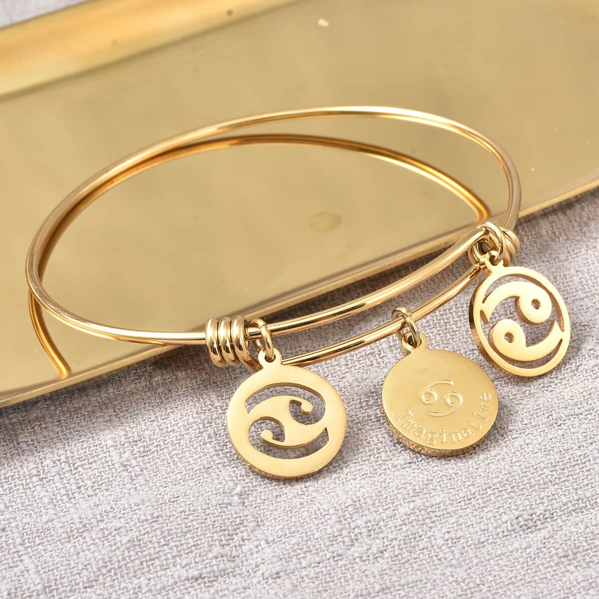 Cancer Zodiac Bangle Bracelet Gift Set in ION Plated Yellow Gold Stainless Steel (6-9 in) image number 2