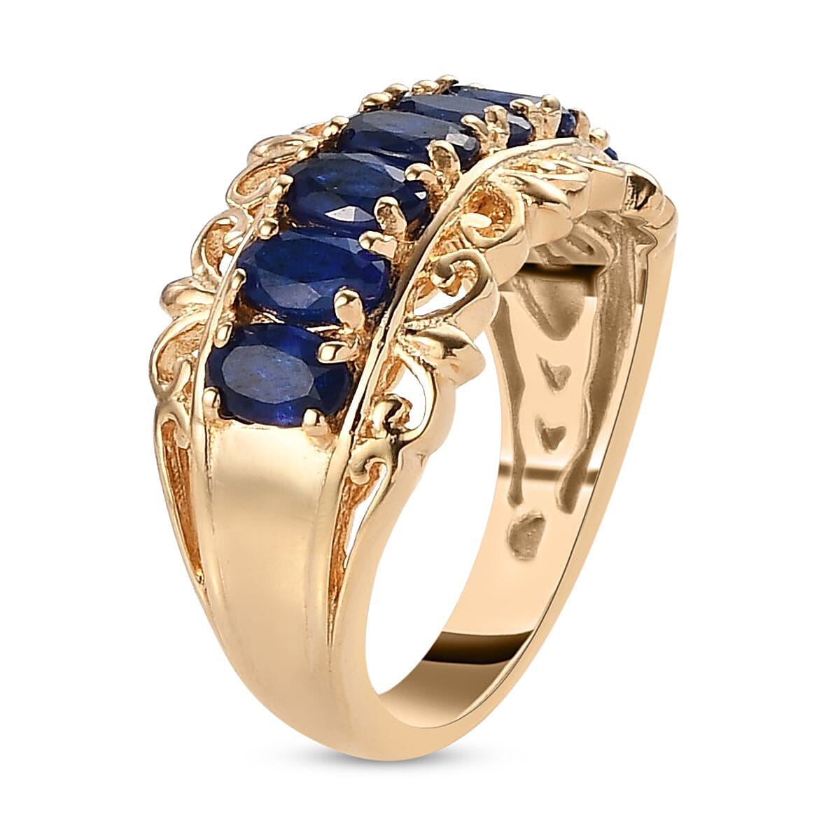 Diffused Blue Spinel 7 Stone Ring Fleur De Lis Band in Vermeil Yellow Gold Over Sterling Silver (Size 8.0) 2.10 ctw image number 3