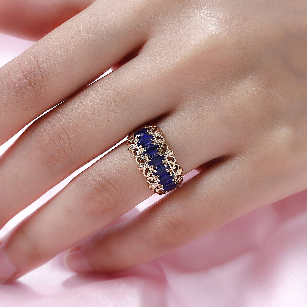 Diffused Blue Spinel 7 Stone Fleur De Lis Band Ring in Vermeil Yellow Gold Over Sterling Silver (Size 9.0) 2.10 ctw image number 2