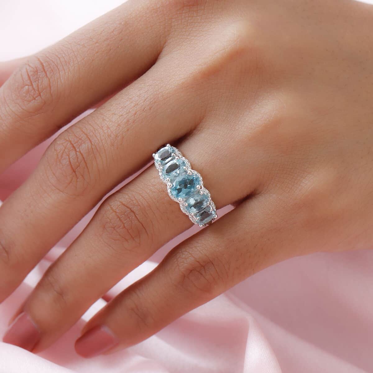 Green Apatite 5 Stone Ring in Sterling Silver 2.60 ctw image number 2