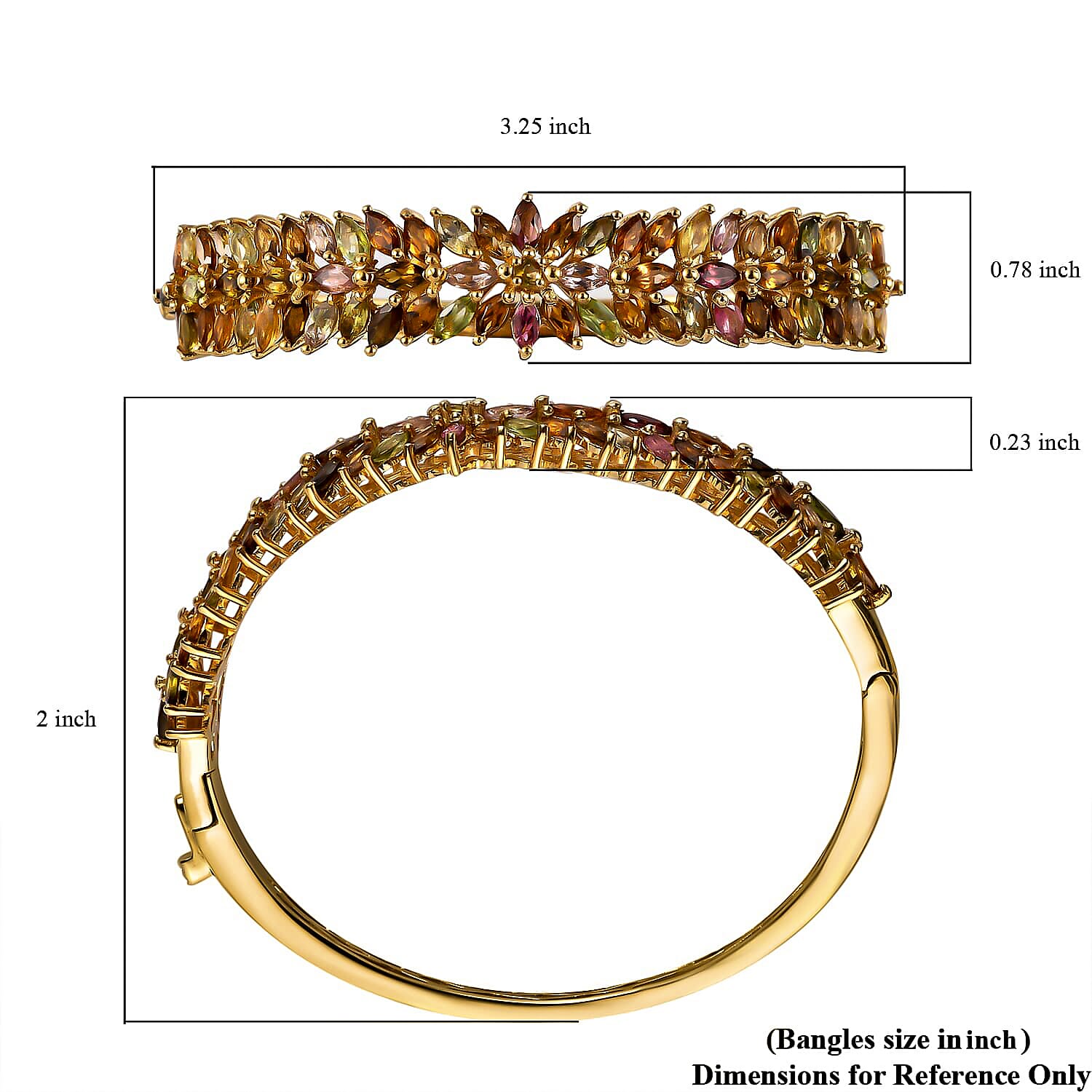 Multi-Tourmaline Bangle Bracelet in Vermeil Yellow Gold Over Sterling Silver (6.50 In) 10.10 ctw
