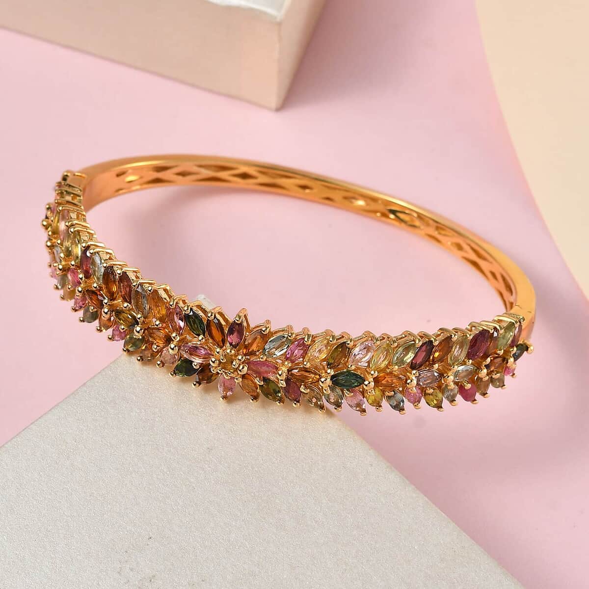 Multi-Tourmaline Bangle Bracelet in Vermeil Yellow Gold Over Sterling Silver (7.25 In) 11.40 ctw image number 1