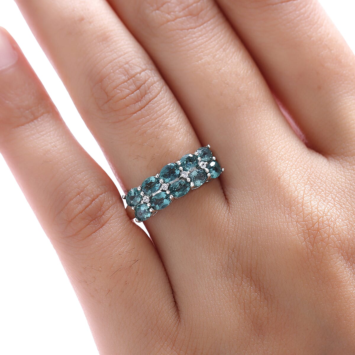 Indian Ocean Apatite and Natural White Zircon Half Eternity Double Row Band Ring in Platinum Over Sterling Silver (Size 9.0) 1.75 ctw image number 2