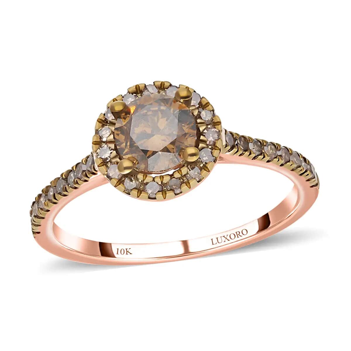 Luxoro Natural Champagne Diamond Ring, 10K Rose Gold Ring, Natural Champagne Diamond Round Shape Ring, Halo Ring, Wedding Ring, Engagement Ring 1.00 ctw image number 0