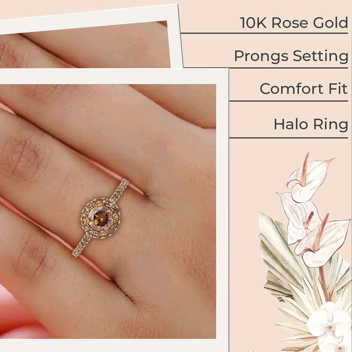 Luxoro Natural Champagne Diamond Ring, 10K Rose Gold Ring, Natural Champagne Diamond Round Shape Ring, Halo Ring, Wedding Ring, Engagement Ring 1.00 ctw image number 2