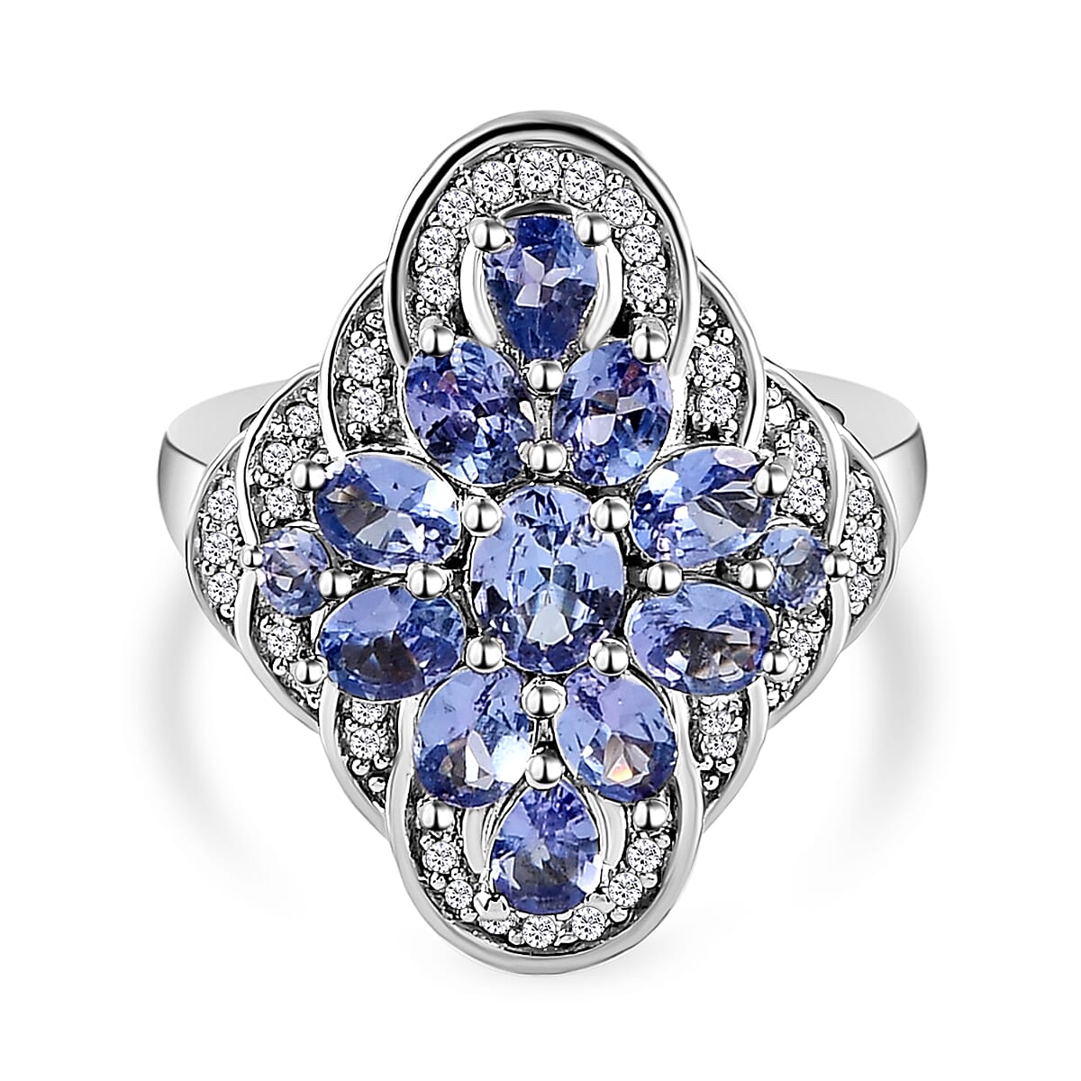 Tanzanite and White Zircon 2.56 ctw Ring in Platinum Over Sterling Silver (Size 8.0)