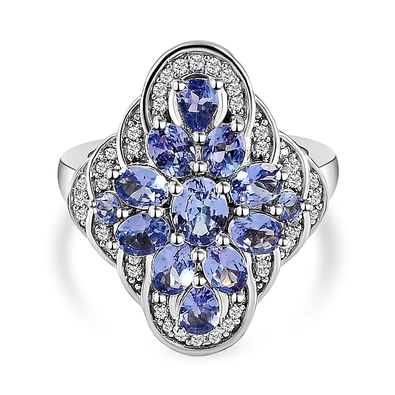 Tanzanite and White Zircon 2.56 ctw Ring in Platinum Over Sterling Silver (Size 8.0)