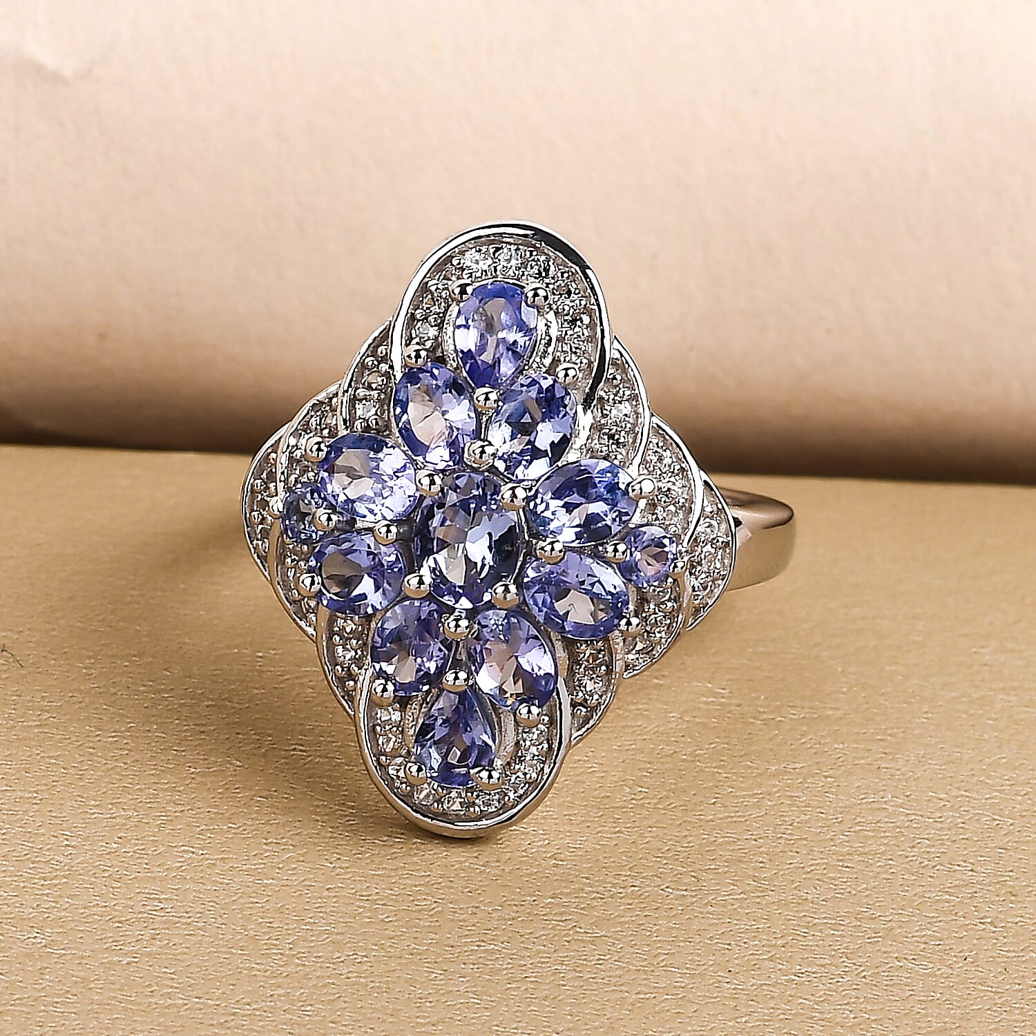 Tanzanite and White Zircon 2.56 ctw Ring in Platinum Over Sterling Silver (Size 8.0)