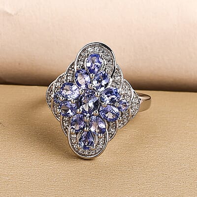 Tanzanite and White Zircon 2.56 ctw Ring in Platinum Over Sterling Silver (Size 8.0)