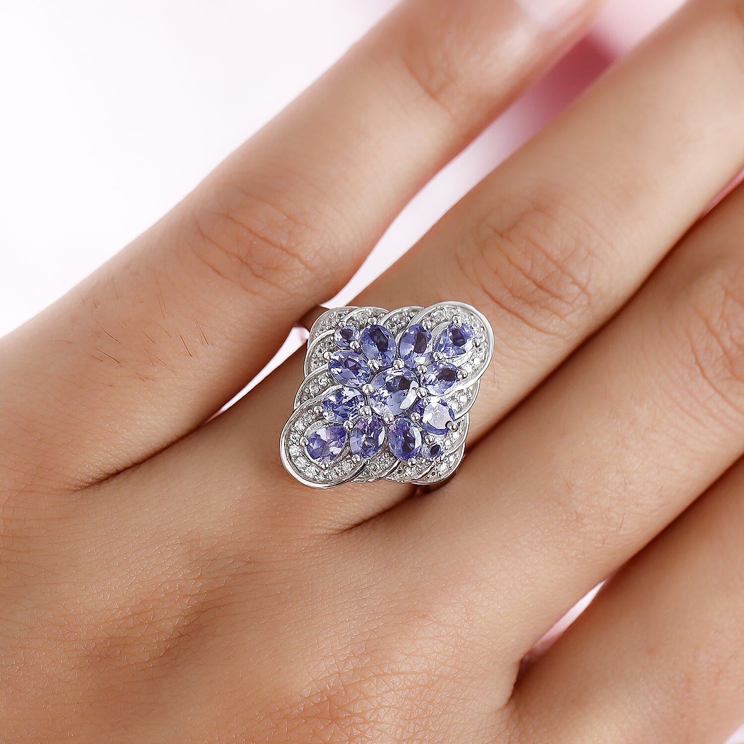 Tanzanite and White Zircon 2.56 ctw Ring in Platinum Over Sterling Silver (Size 8.0)