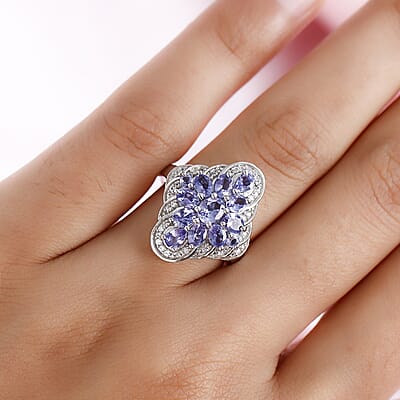 Tanzanite and White Zircon 2.56 ctw Ring in Platinum Over Sterling Silver (Size 8.0)