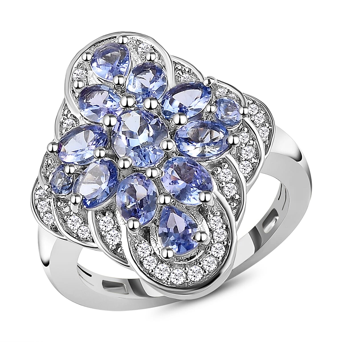 Tanzanite and White Zircon 2.56 ctw Ring in Platinum Over Sterling Silver (Size 8.0)