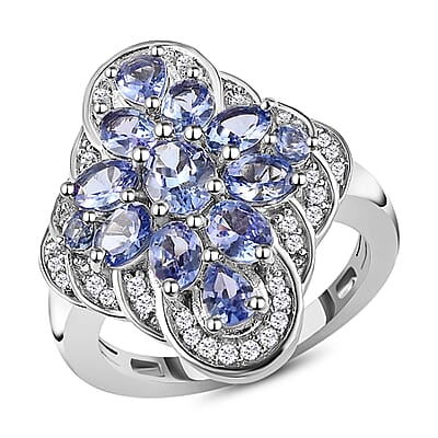 Tanzanite and White Zircon 2.56 ctw Ring in Platinum Over Sterling Silver (Size 8.0)