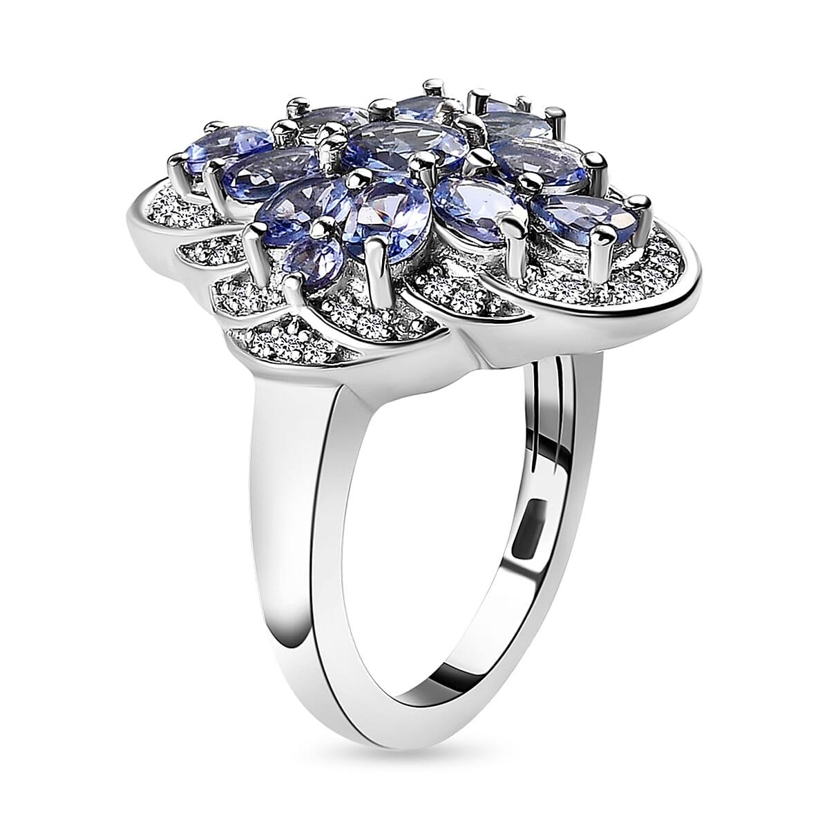 Tanzanite and White Zircon 2.56 ctw Ring in Platinum Over Sterling Silver (Size 8.0)