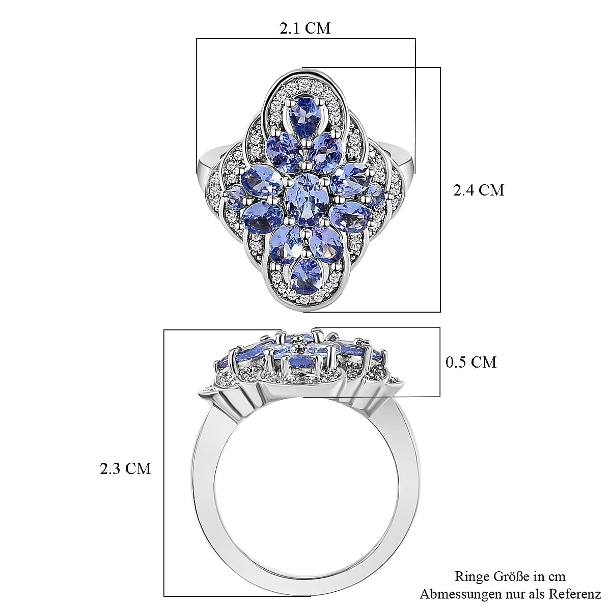 Tanzanite and White Zircon 2.56 ctw Ring in Platinum Over Sterling Silver (Size 8.0)
